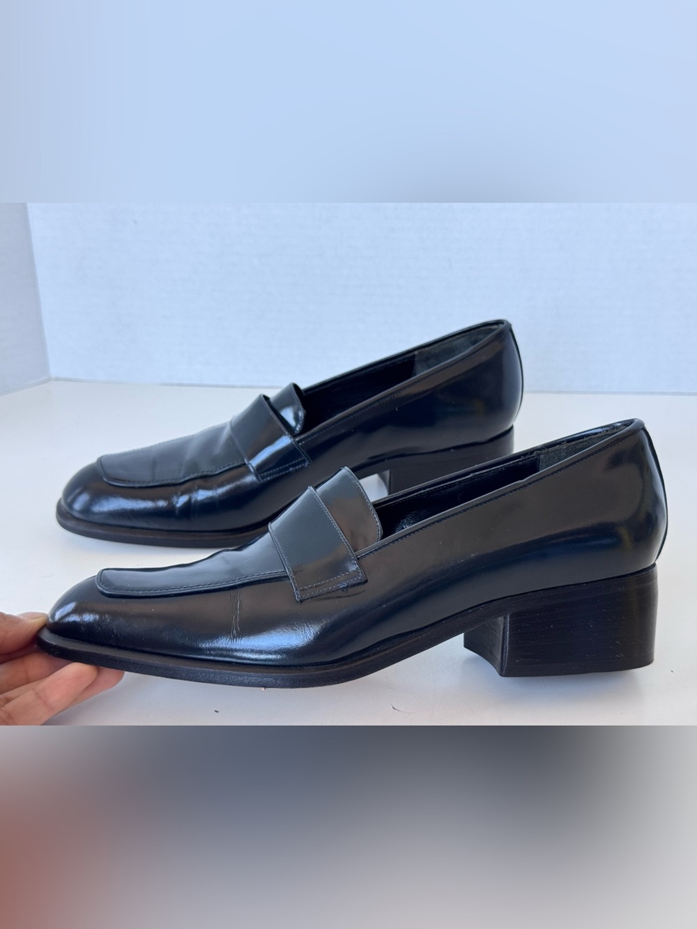 90s Style VIA SPIGA navy patent leather penny loafer shoes Size 7.5 Italy